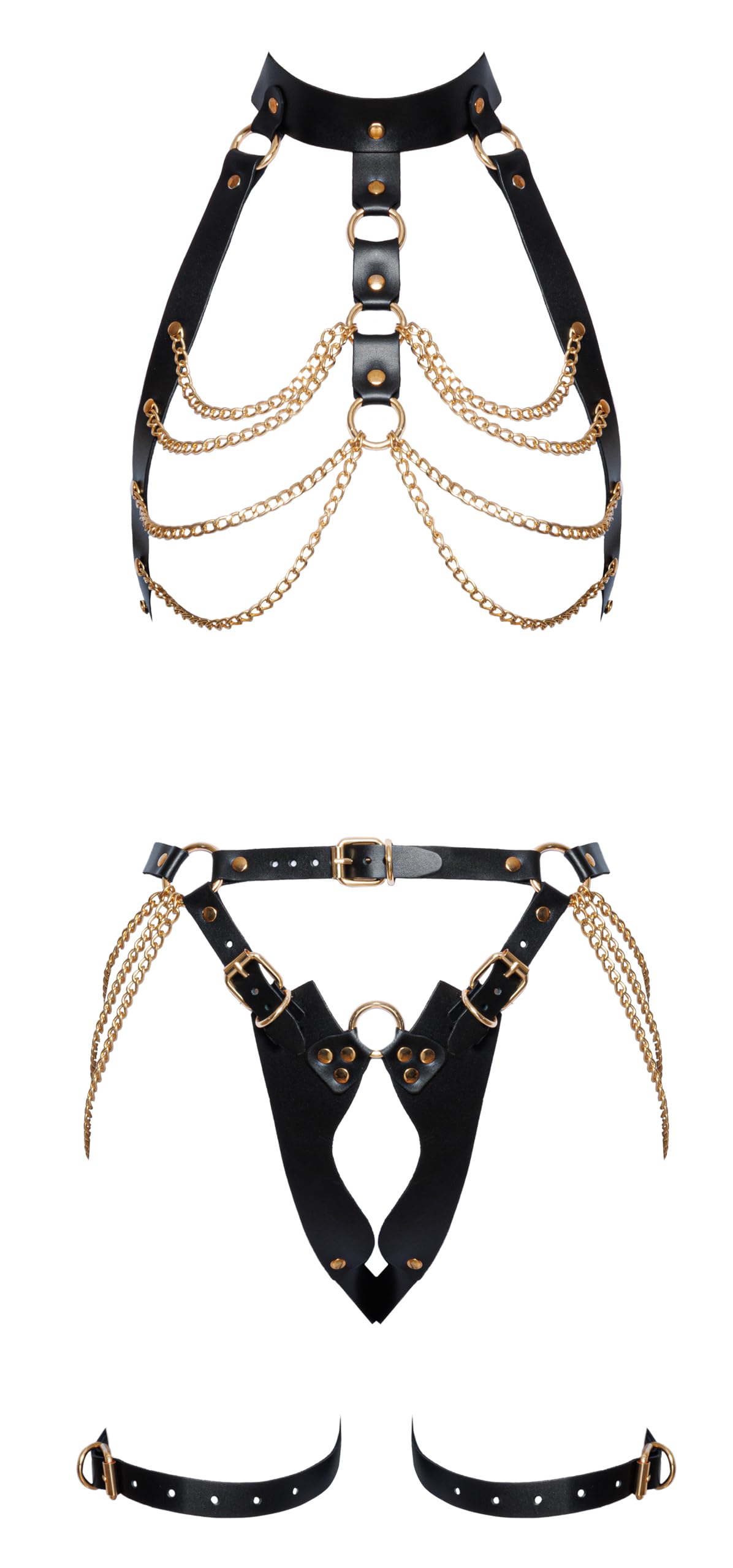 ZADO Fetish Line Two Piece Harness Set with Gold Chains - Black - L/XL