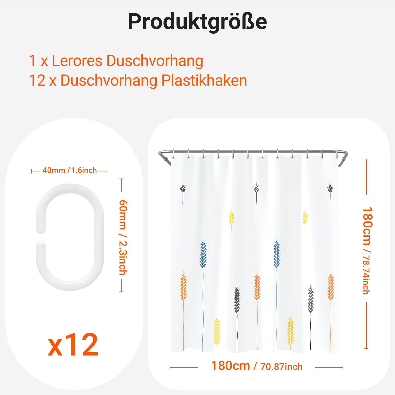 Lerores Shower Curtain, 180 x 180 cm, Colourful Wheat Ears, Weighted Hem, Anti-Mould Textile, Water-Repellent - Image 2