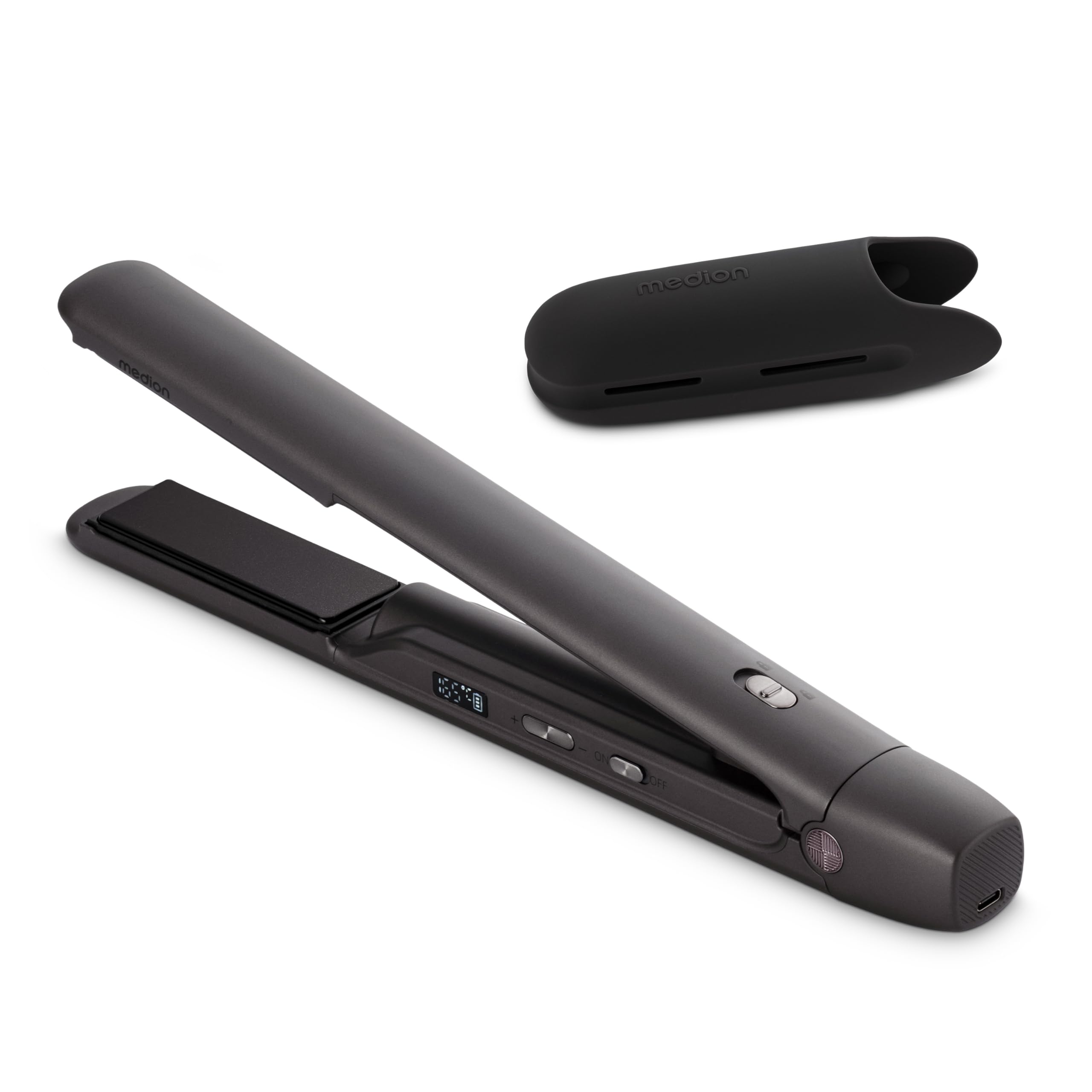 MEDION HS2 Plancha de pelo sin cable con pantalla (indicador de temperatura y batería, 5 posiciones de calor regulables, placas flexibles de cerámica/turmalina con sensor de temperatura