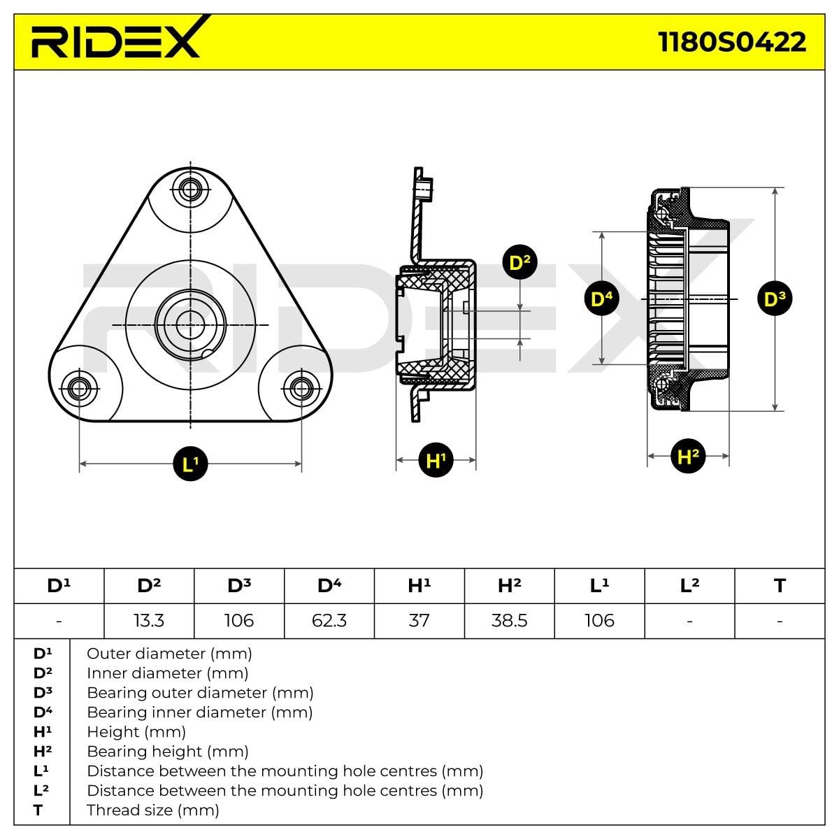 RIDEX 1180S0422 Coupelle d'amortisseur Avant avec roulement Compatible avec RENAULT Clio III 3/5 portes BR0/1, CR0/1