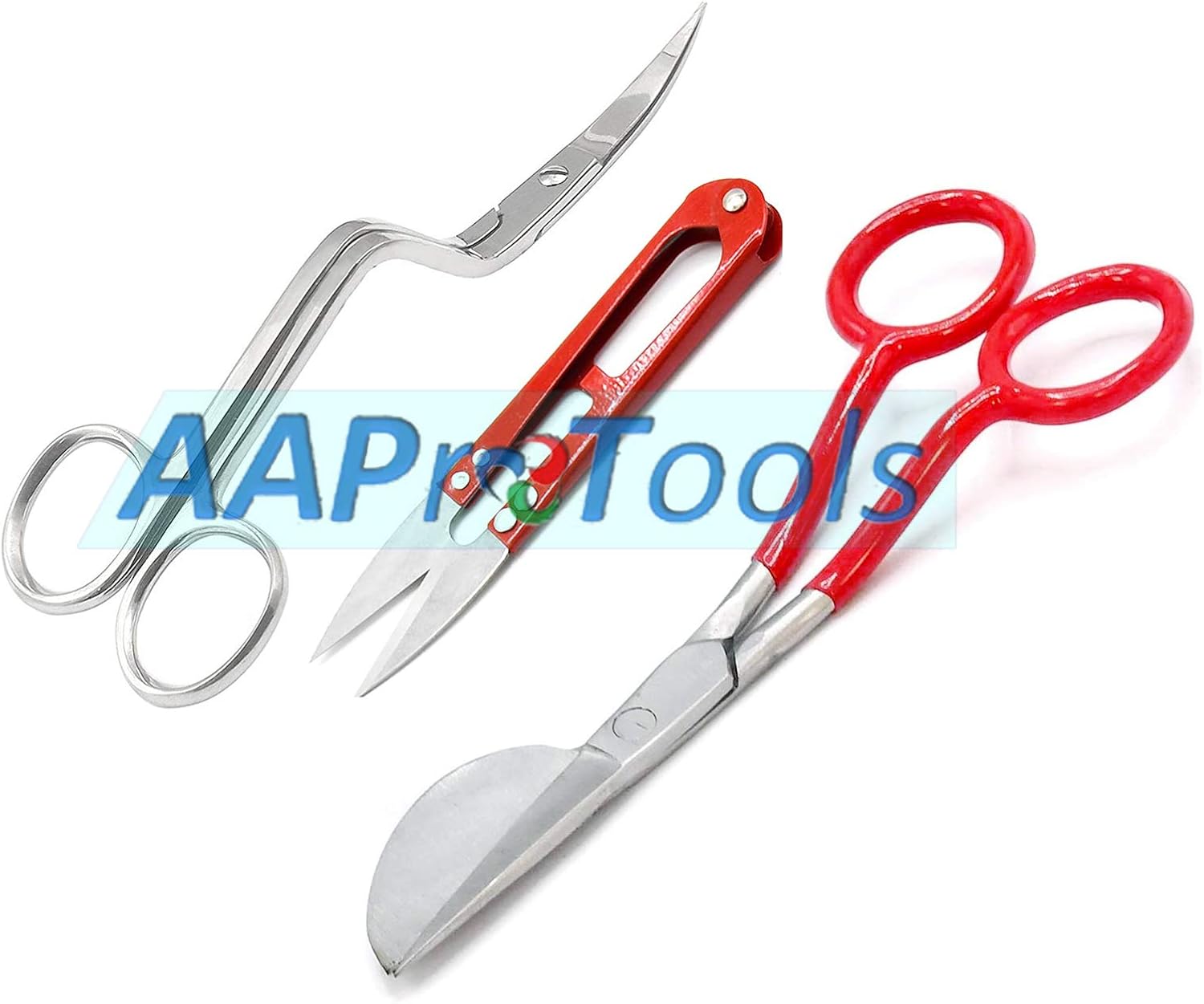 Set of 3 6" Double Bent Curved Machine Embroidery and Applique Duckbill Scissors PVC Red Handle with Thread Cutter Nipper Red