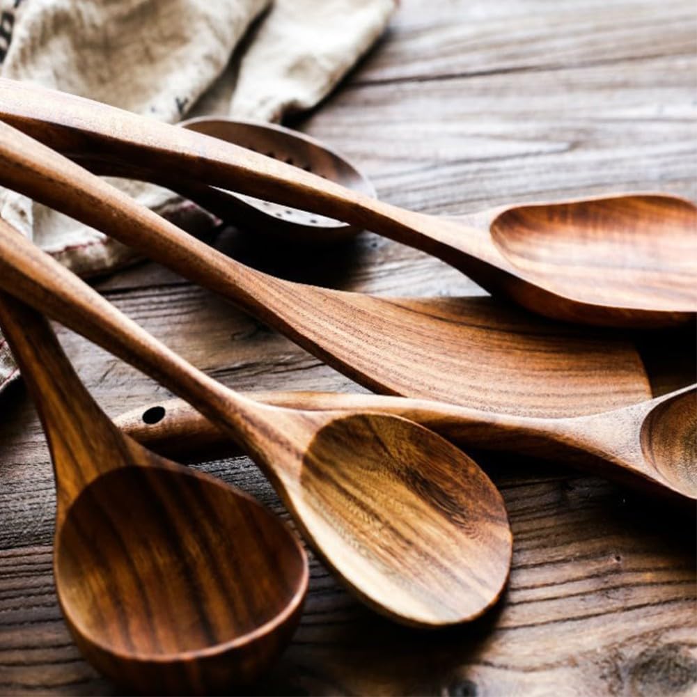 Juego de cucharas de madera, utensilios de cocina de madera, utensilios de cocina de madera, cucharas antiadherentes, juego de cocina (6 piezas)
