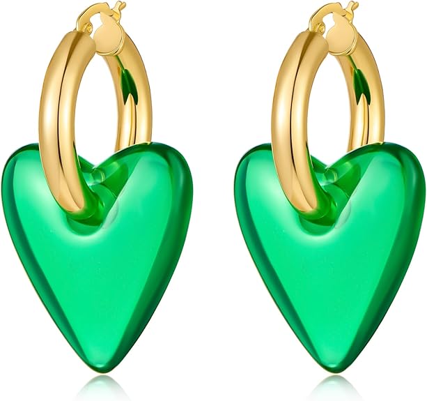 WOWORAMA Acrylic Resin Earrings for Women Green Red Heart Hoop Earrings Convertible Gold Chunky Hoops Lightweight Statement Dangles Earring