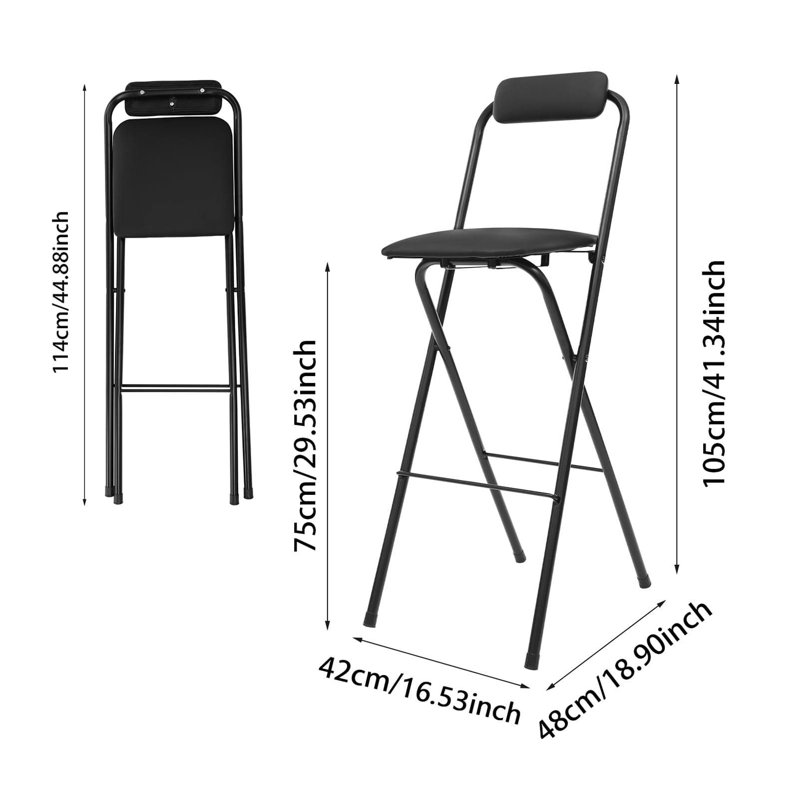 Set di 2 sgabelli da bar pieghevoli, con schienale e poggiapiedi, pieghevole, fino a 125 kg, altezza della seduta: 75 cm, per interni ed esterni, uffici e bar, (nero)