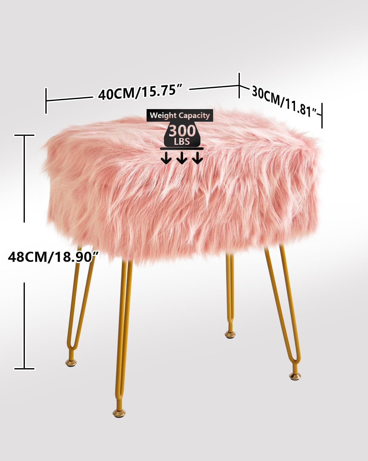 IBUYKE Rectangular Faux Fur Vanity Stool con Almacenamiento, Silla de Maquillaje Peluda otomana, Asiento Acolchado Suave, reposapiés Redondo con 4 Patas de Metal, Rosa WBD022P
