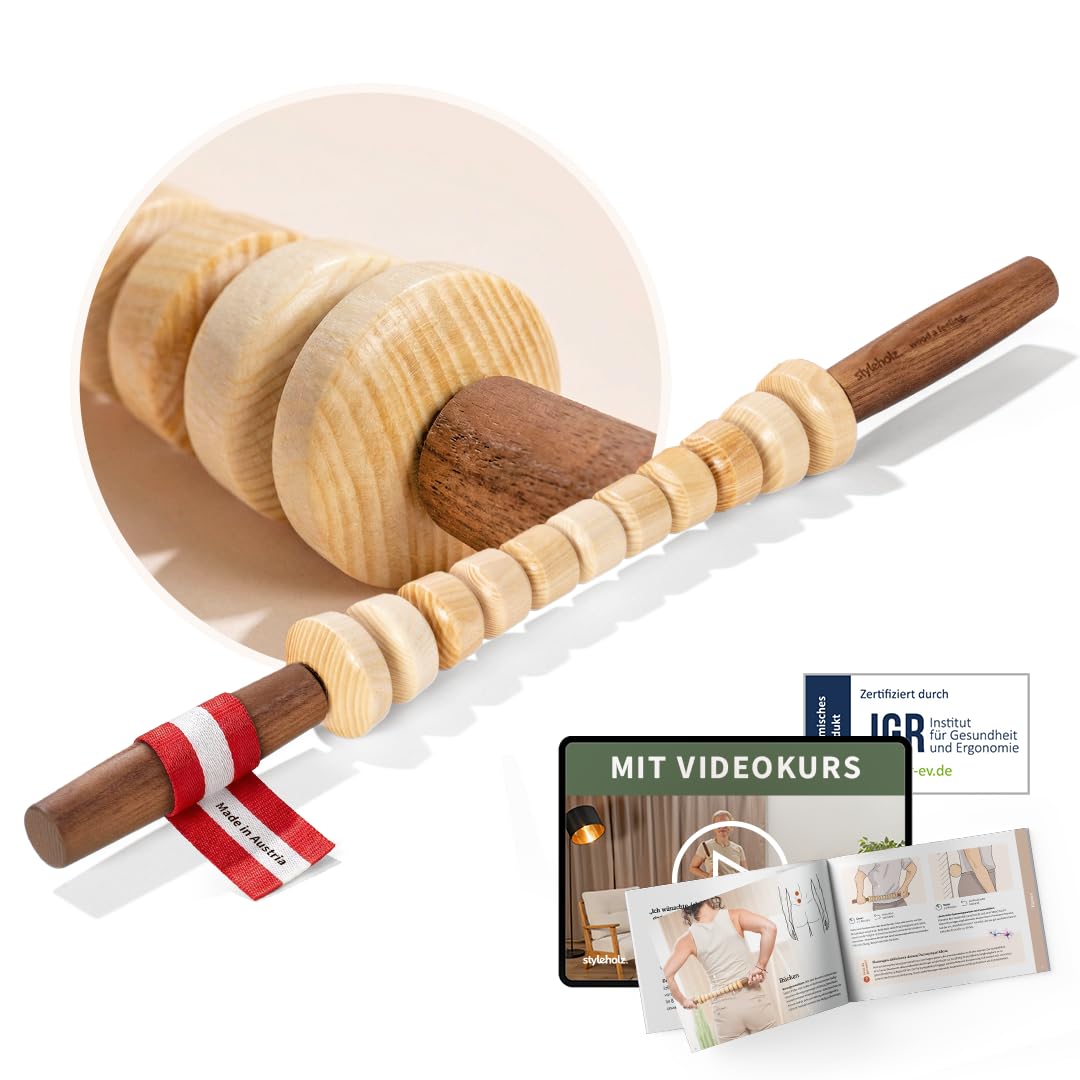 Faszienstab Woodstick FLEX mit GLATTEN Massage-Elementen [DAS ORIGINAL aus Österreich - Echte Handarbeit] Biegsamer Massage-Stab aus Holz — Einfaches Faszientraining ohne Rollen am Boden