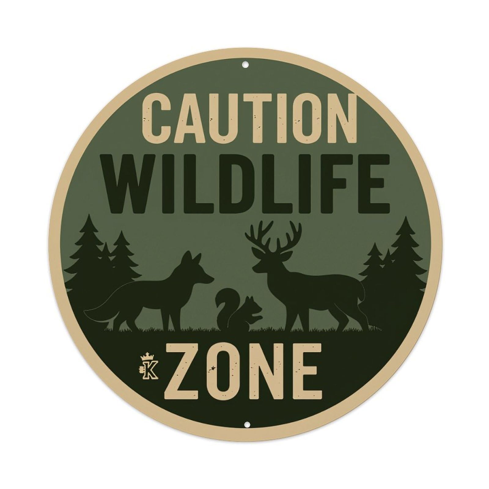 Caution Wildlife Zone Sign Pattern Round Tin Sign Vintage Metal Poster Retro Bar, Home, Man Cave, Kitchen, Laundry Room Wall Art Decor Gift 8x8Inch