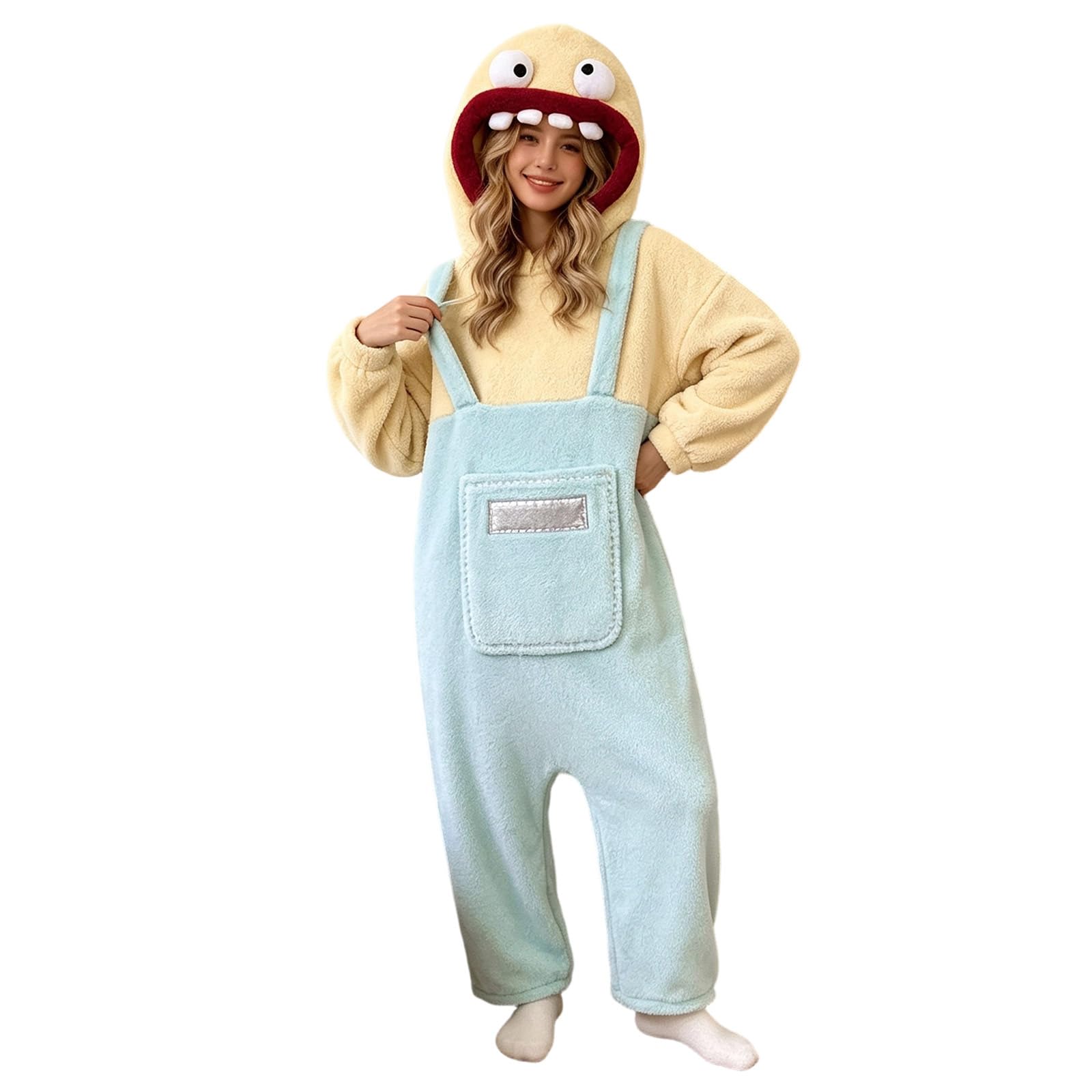 Genérico Pijama de Monstruo Bocazas para Mujer Hombre, Mono con Capucha de Franela para Adulto, Pijama de Cuerpo Entero Acogedor con Bolsillos, Disfraz Dormir Unisex para Hogar y Halloween