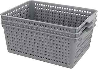 Yarebest Lot De 3 Paniers De Rangement en Plastique, Grand Rectangulaire Panier (Gris)
