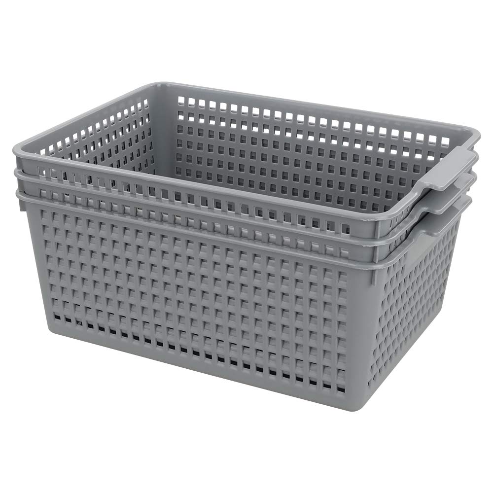 Yarebest Grey Large Plastic Storage Basket Box, Cupboard Storage Baskets, 3-Pack (Grey)