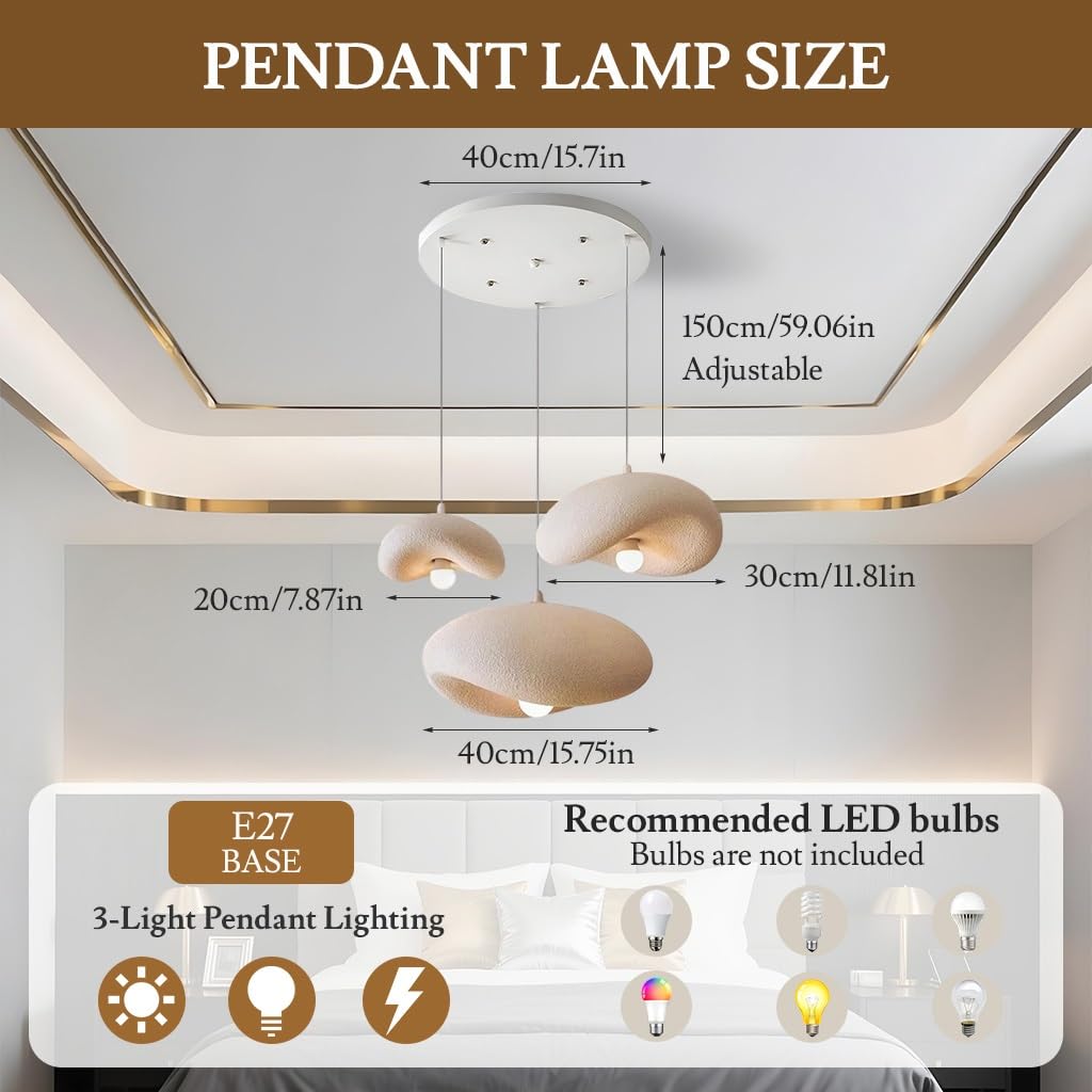 Lampadario In Stile Wabi Sabi Lampada A Sospensione In Polietilene Ad Alta Densità E27 Lampada A Sospensione Regolabile In Altezza Adatta Alla Sala Da Pranzo Soggiorno Camera Da Letto(Triple hea