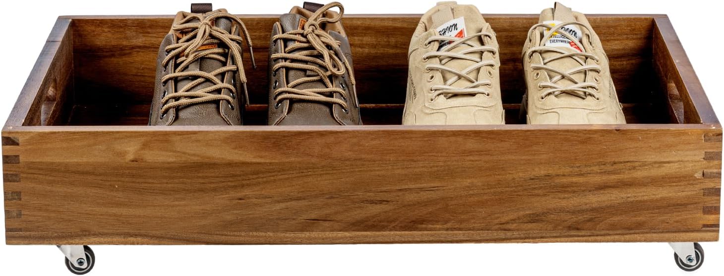 MyGift 24 Inch Premium Acacia Solid Wood Under Bed Storage Cart with Rotating Wheels, Wooden Box Joint Corner Rolling Underbed Bin Tray Space Saving Bedroom Organizer