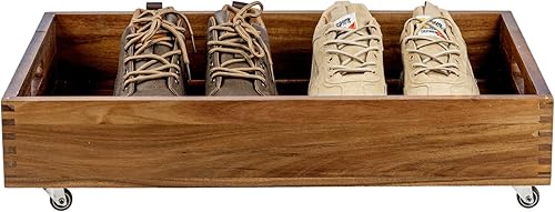 Miniatura 7 de MyGift Carrito de almacenamiento bajo la cama de madera maciza de acacia de 24 pulgadas con ruedas giratorias, caja de madera, bandeja enrollable