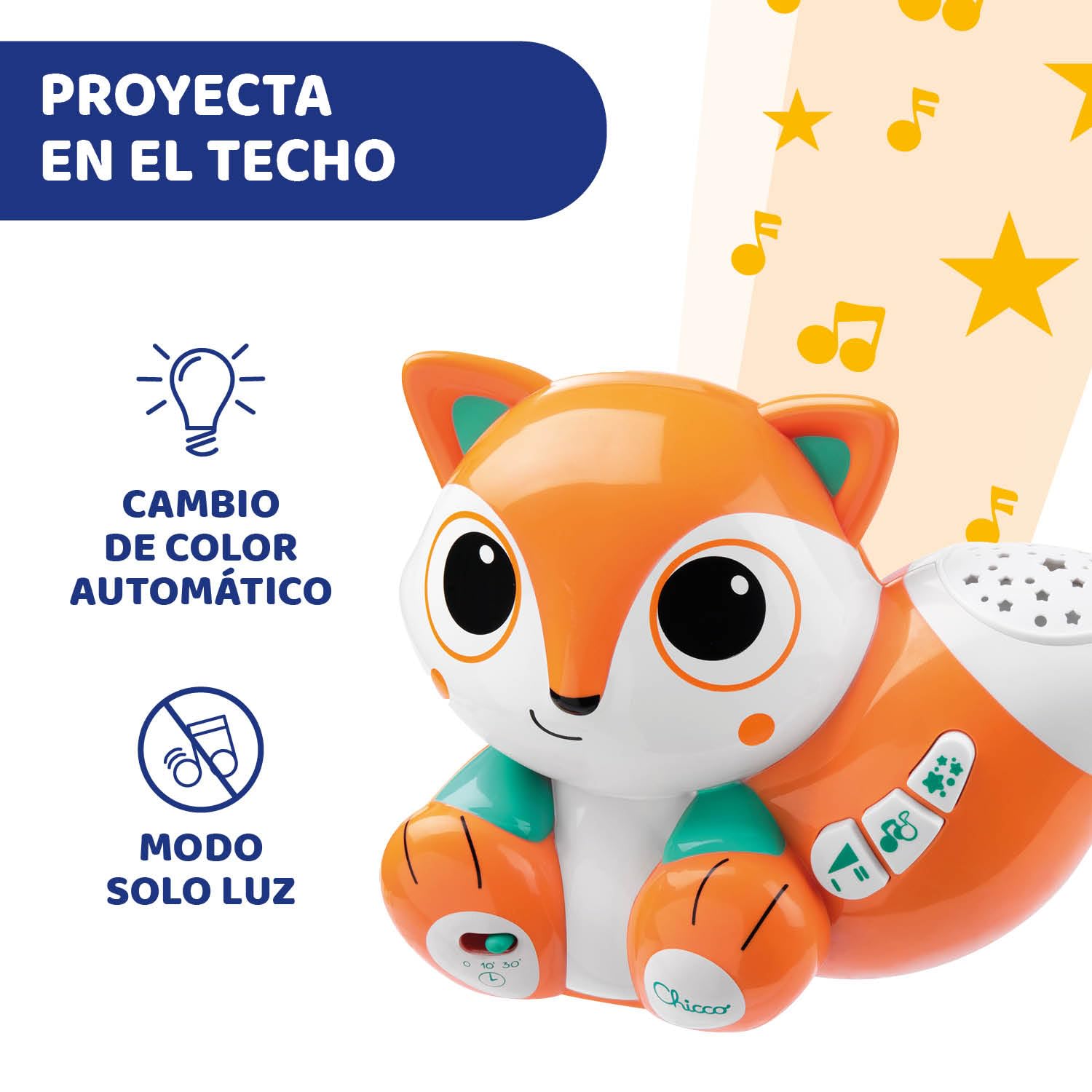 Chicco Kolorowy Projektor Foxy, Lampka Nocna dla Dzieci, Wielokolorowy Projektor Gwiazdek, z Relaksującą Muzyką i Dźwiękami Natury, Regulowana Głośność, Zabawki dla Dzieci w wieku 0 m+