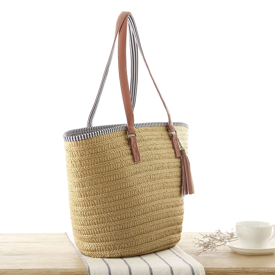 Bolso de paja Bolso de playa de verano Bolso de hombro para mujer con asas de cuero Bolso de borla Bolso cruzado Bolsa de compras Bolsa de manualidades para viajes (Marrón)