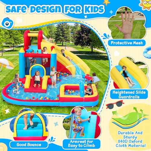 Image of Bounce House with Slide & Blower, Inflatable Water Park Bouncy Castle with Climbing Wall, Ball Pit & Water Cannon for Indoor Outdoor Backyard Play