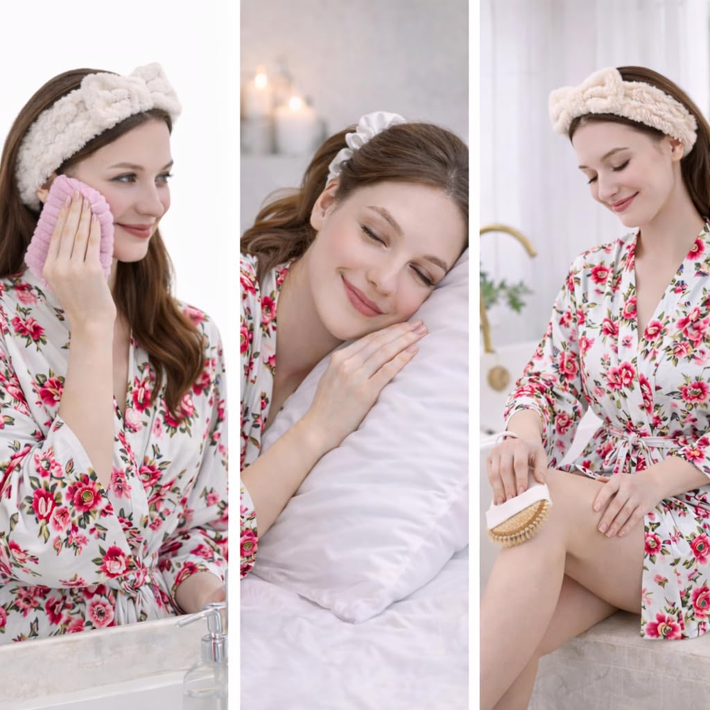 Mother’s Day Spa Gift Set for Women – Luxury Self Care Gift "Basket", White Floral Cotton Robe, Satin Pillowcase, Scrunchie, Headband, Fuzzy Socks, Dry Brush, Washcloths, Gift Bag