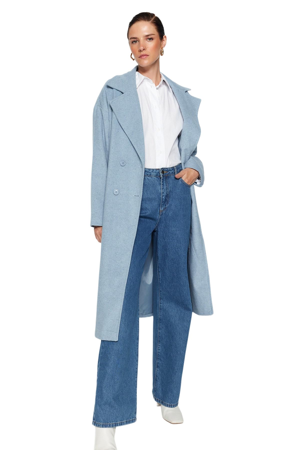 Trendyol Damen Blau Gerade Lange Ärmel Plus Size Mantel