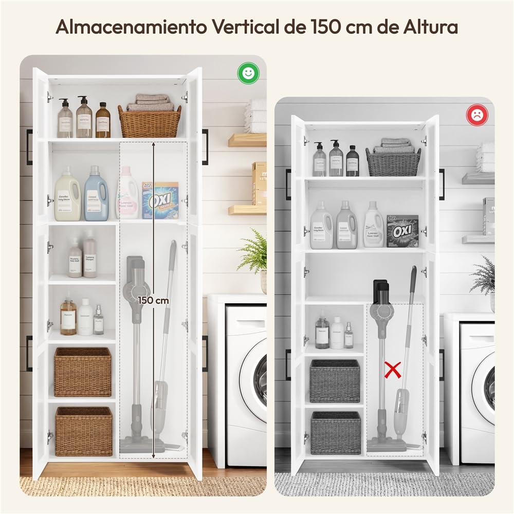 Yaheetech Armario de Almacenamiento Mueble Multiuso Estrecho Blanco | de 175,5cm de Altura y 37,5cm de Profundidad, con 4 Puertas y Compartimento para Aspiradora