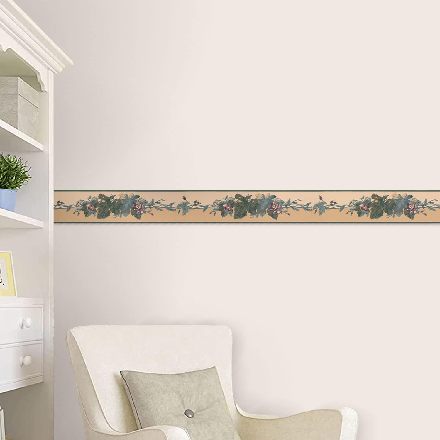 CONCORD WALLCOVERINGS ™ Rustic Floral Vine Wallpaper Border, 4.5" x 15' Country Leaves & Burgundy Berries, Cream & Green Design, Prepasted Washable Vinyl for Kitchen, Cottage Decor #RC5353B