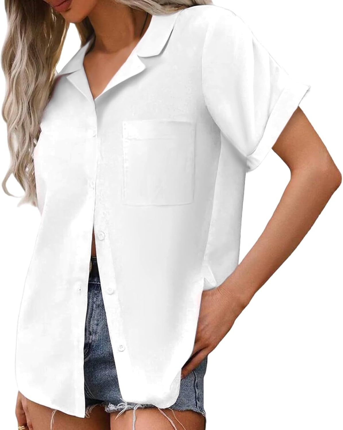 Womens Button Down Shirts Casual Cotton Linen Short Sleeve Blouses Summer Soft Fashion Tops with Pocket