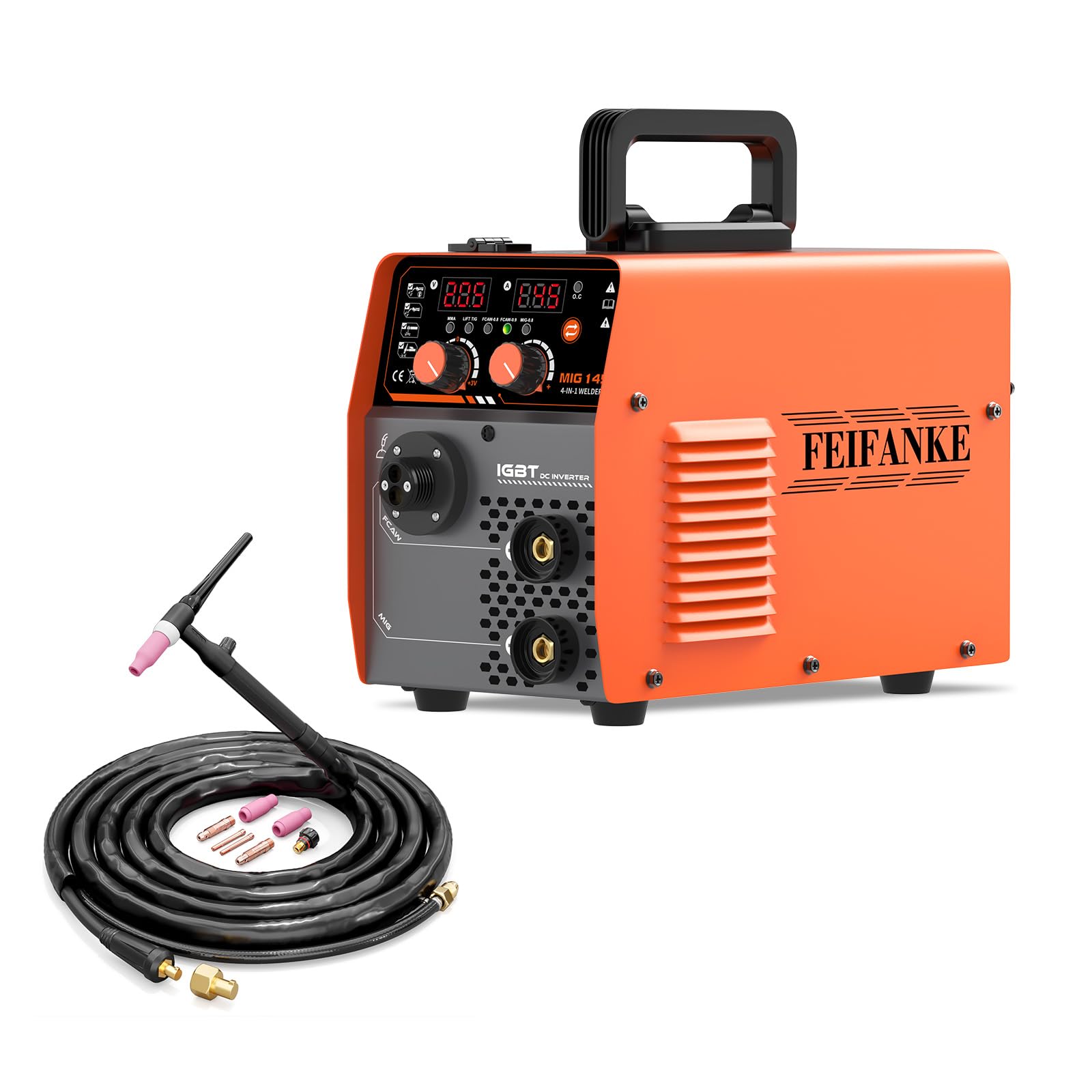 Gas Free Wire Welder 230V 145A MIG MAG 4 in 1 Gas-Free MIG/MIG/MMA/Lift TIG Welding Machine Synergy IGBT Suitable for Carbon Steel and Iron 1-4.8mm+WP-17V Package