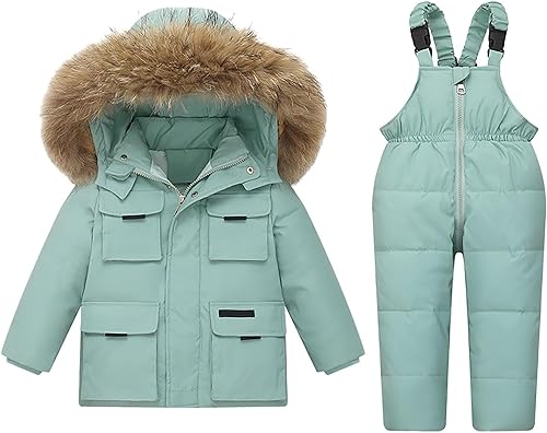 Kids Toddler 2 Piece Snowsuits Fuzzy Hooded Ski Jackets Coats Bib Snow Pants Set Boys Girls Winter Padded Puffer