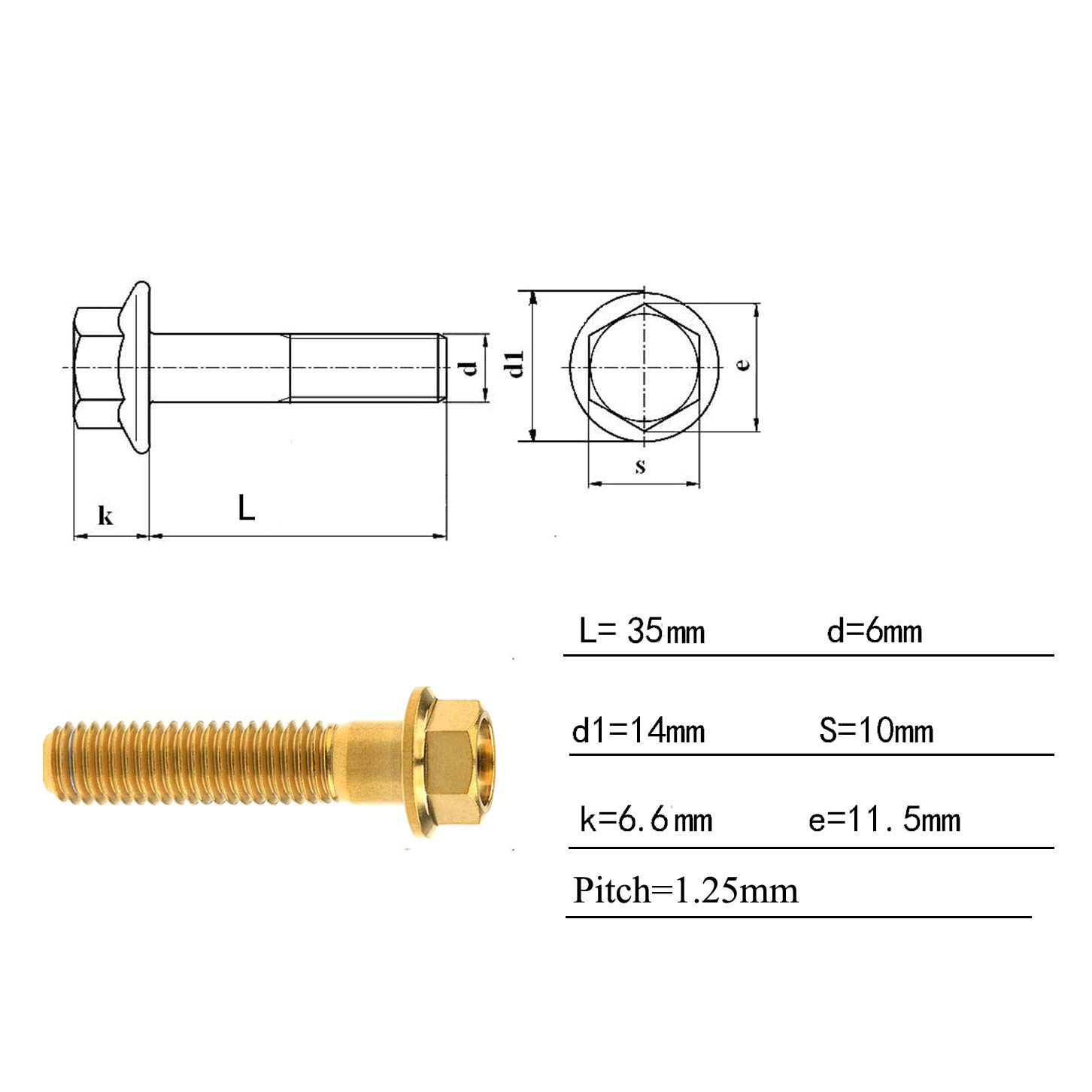 Titanium Hex Small Flange Head Bolt M8 15 20 25 30 35 40 45 50 55 60 65mm x1.25mm for Motorcycle Car Modification Pack of 4 (M8x35mm, Gold)