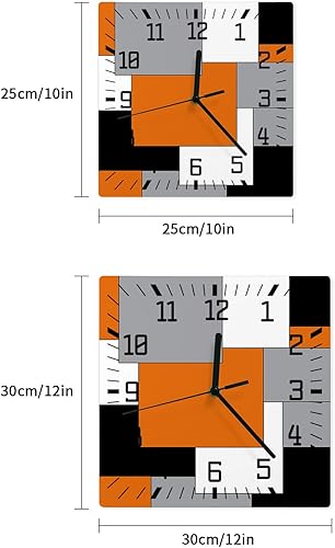 Miniatura 7 de Reloj de pared de madera naranja, negro y gris, silencioso, sin tictac, bloque de color geográfico irregular, arte abstracto, reloj de pared