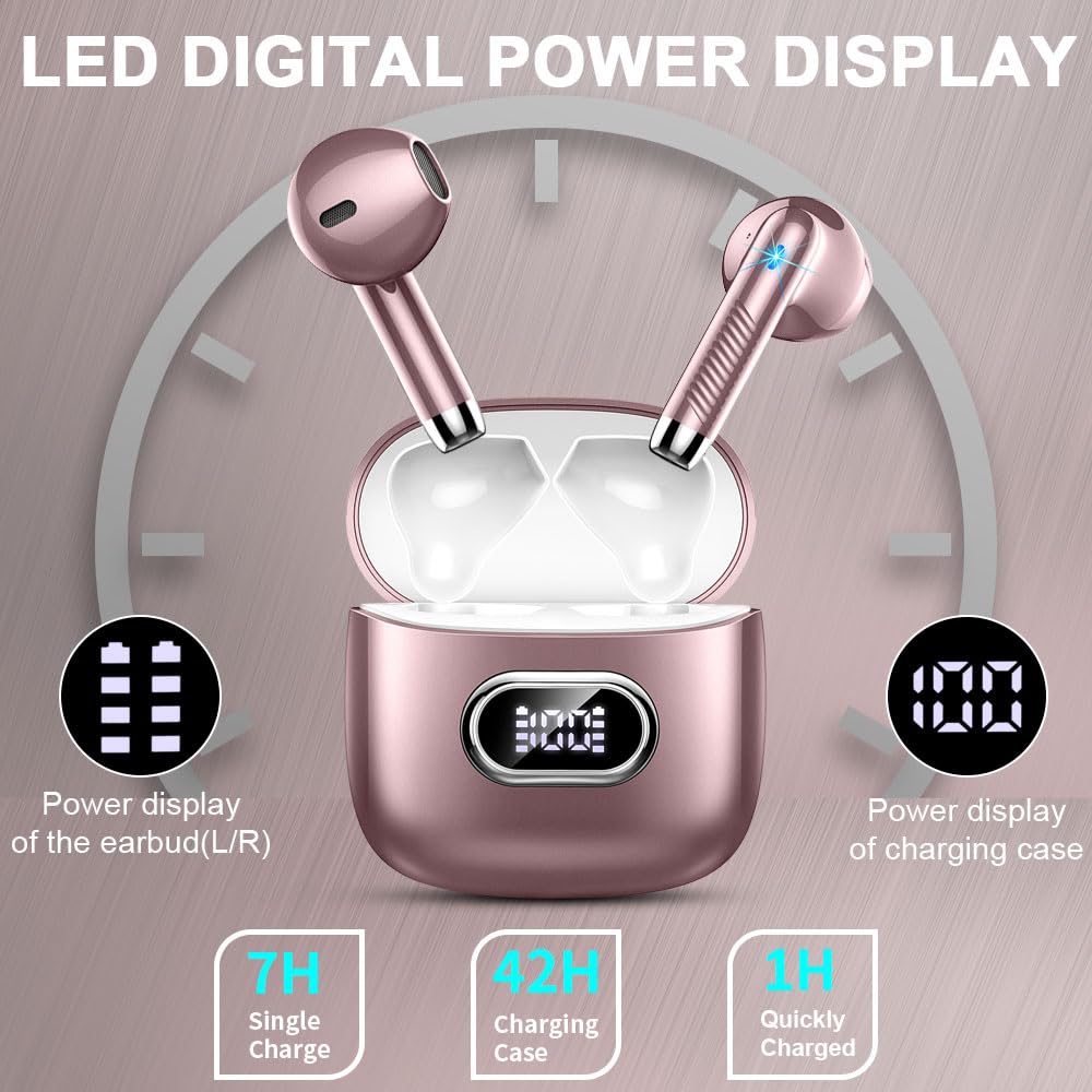 Cuffie wireless Bluetooth 5.4 HiFi stereo, riduzione del rumore ENC | 42H - Cuffie wireless Bluetooth con driver da 13 mm, design mini da 3,5 g, display LED, USB-C, IP7, cuffie iOS Android