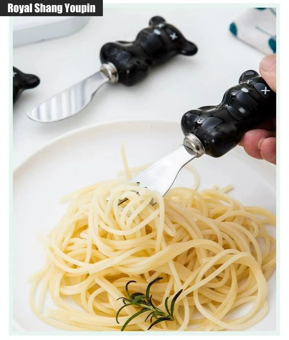6 PZ Mini 13,5 Cm/5,3 Pollici Simpatico Orsetto Manico in Ceramica Cucina Posate in Acciaio Inossidabile Stoviglie Posate Coltelli Forchette Cucchiai Set Per 2 Persone (Bianco+Nero)