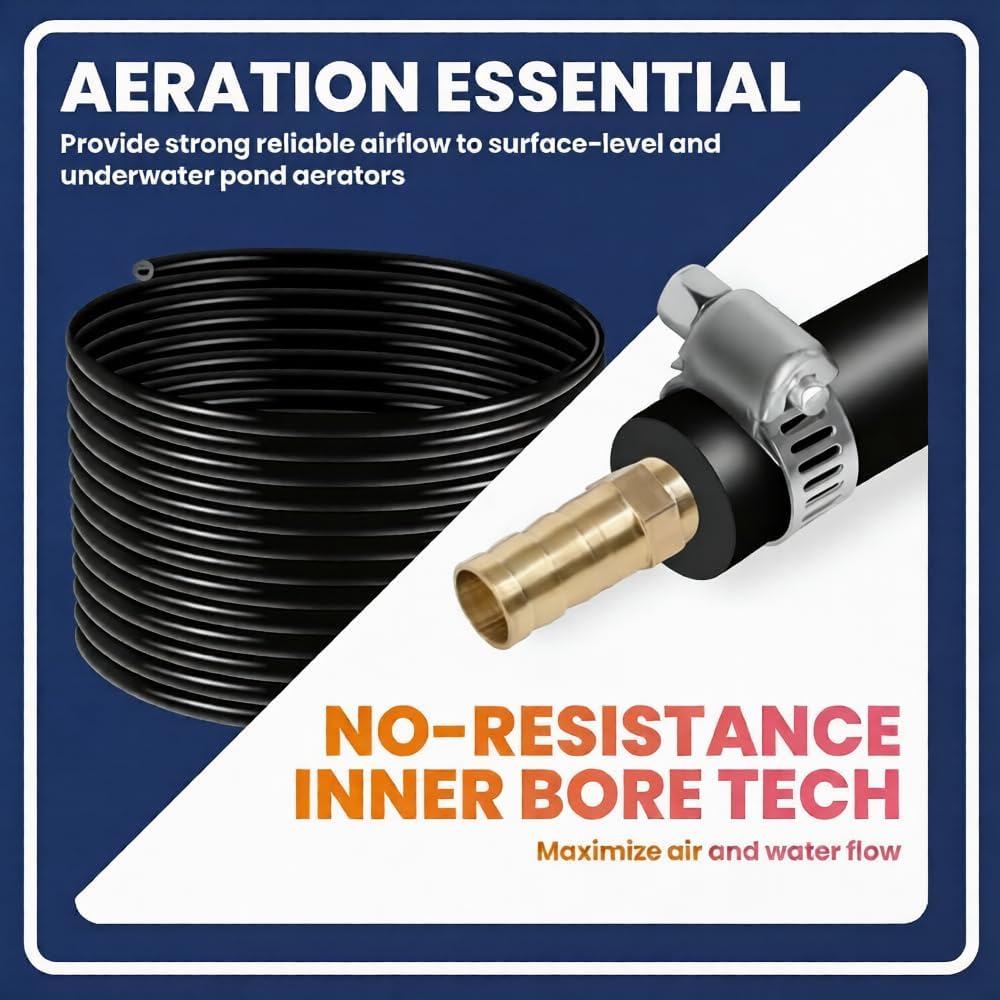 Self Sinking Aeration Hose: 3/8" 328 Ft Weighted Pond Aerator Tubing, Self Sinking with 4 Stainless Clamps & 4 Copper Menders for Lake, Water Garden Aeration