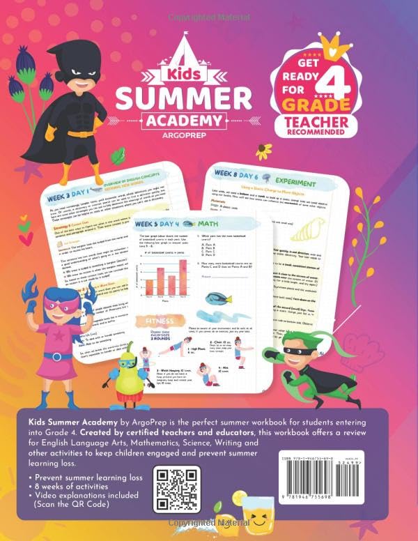 Kids Summer Academy by ArgoPrep - Grades 3-4: 8 Weeks of Math, Reading, Science, Logic, Fitness and Yoga | Online Access Included | Prevent Summer Learning Loss