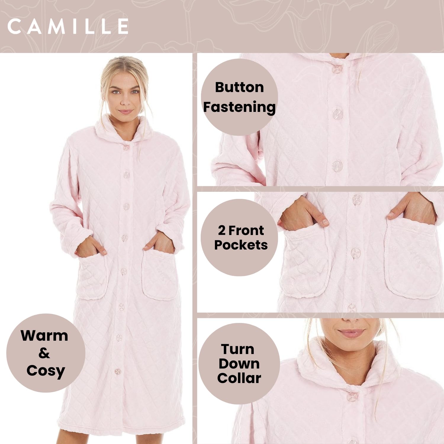Camille Albornoz de forro polar supersuave para mujer, diseño de diamantes, albornoz con botones, manga larga con bolsillos delanteros, acogedor y cálido