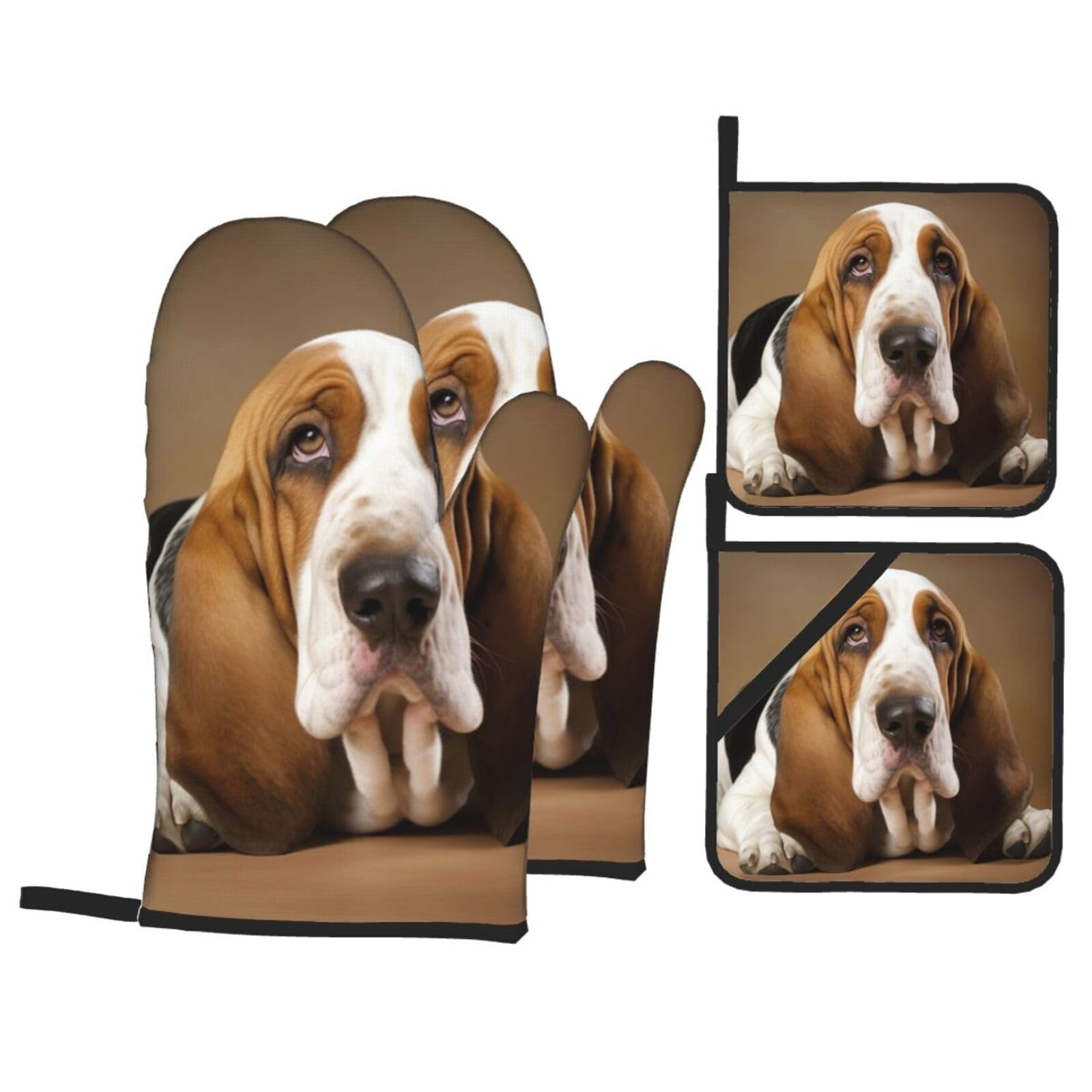4 Piece Oven Mitts and Pot Holders Set Heat Resistant Oven Gloves and Potholders BBQ Gloves Hot Pads Basset Hound Cooking Gloves for Kitchen Baking Grilling