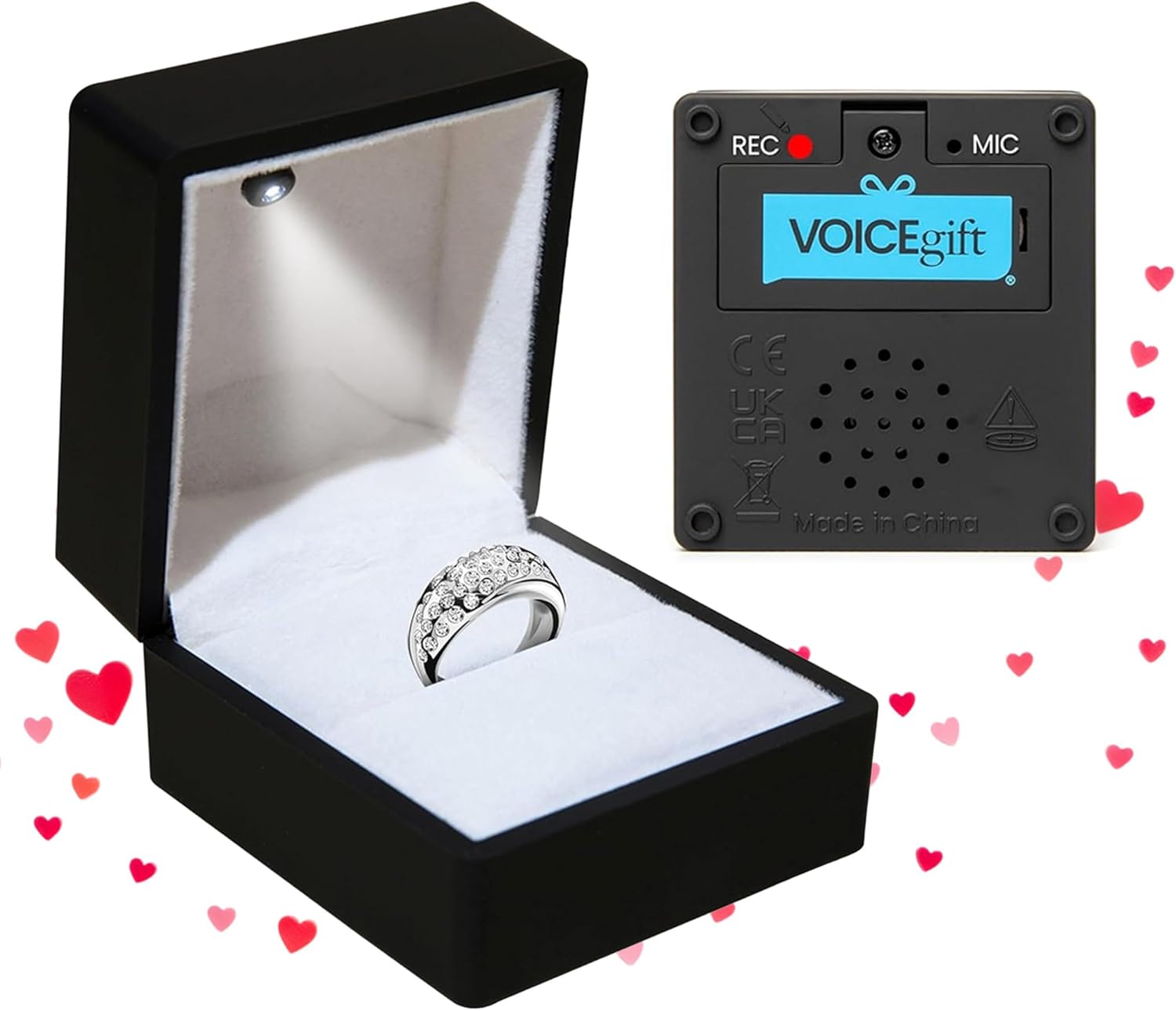 VOICEGIFT Ring Box Recordable Ring Box with LED Light, 60-Second Voice Recorder, Velvet Jewelry Gift Box for Proposal, Engagement, and Keepsake | Black