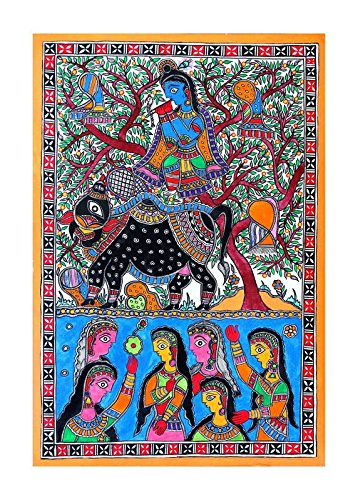 Madhubani Handmade Painting of Krishna and gopis Bathing (56 cm x 39 cm ...