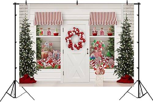 Miniatura 2 de Lofaris Telón de fondo de Navidad de invierno con texto en inglés "Merry Christmas" Sweet Candy Storefront Cottage, guirnalda de Papá Noel, luces