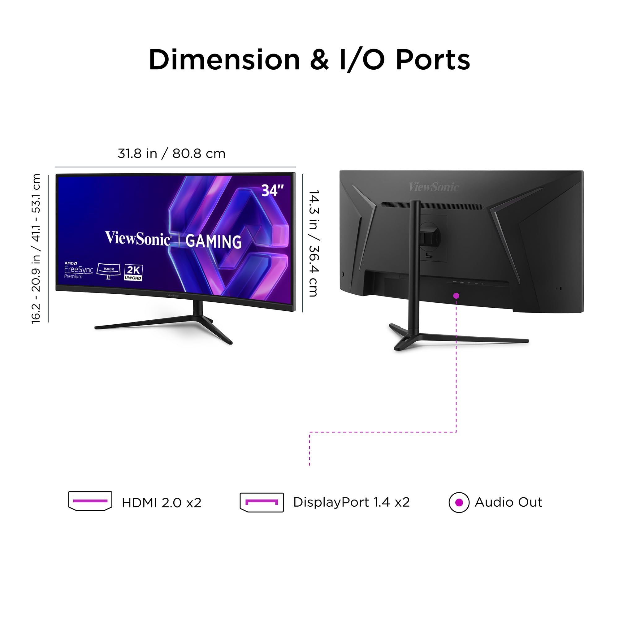 ViewSonic VX3418C-2K Monitor Gaming Curvo 34 Pollici, UWQHD 3440 x 1440, 180Hz, 1ms MPRT, VA, 1500R, Altoparlanti Integrati, Ergonomico, FreeSync Premium Compatible, HDR10, 2 x HDMI, 2 x DisplayPort