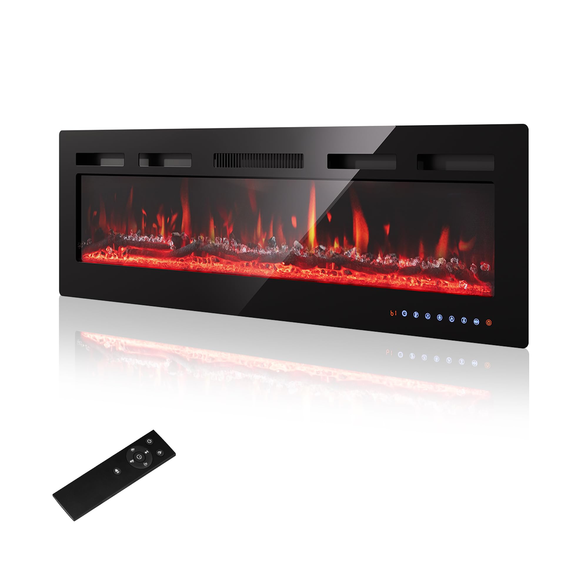 PURFINO Camino Elettrico 50"/127cm – Fiamma 12 Colori & Scintillio  900W/1800W  Termostato Preciso (15-30°C)  Touchscreen & Telecomando – Ideale per Pareti Mediali