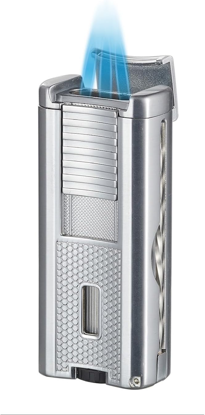 Visol Striker Butane Torch Triple Flame Refillable Gas Lighter, Built in Punch, Built in Poker, Built in Holder, Windproof Adjustable Flame Lighter (Shipped Without Butane) (Silver)