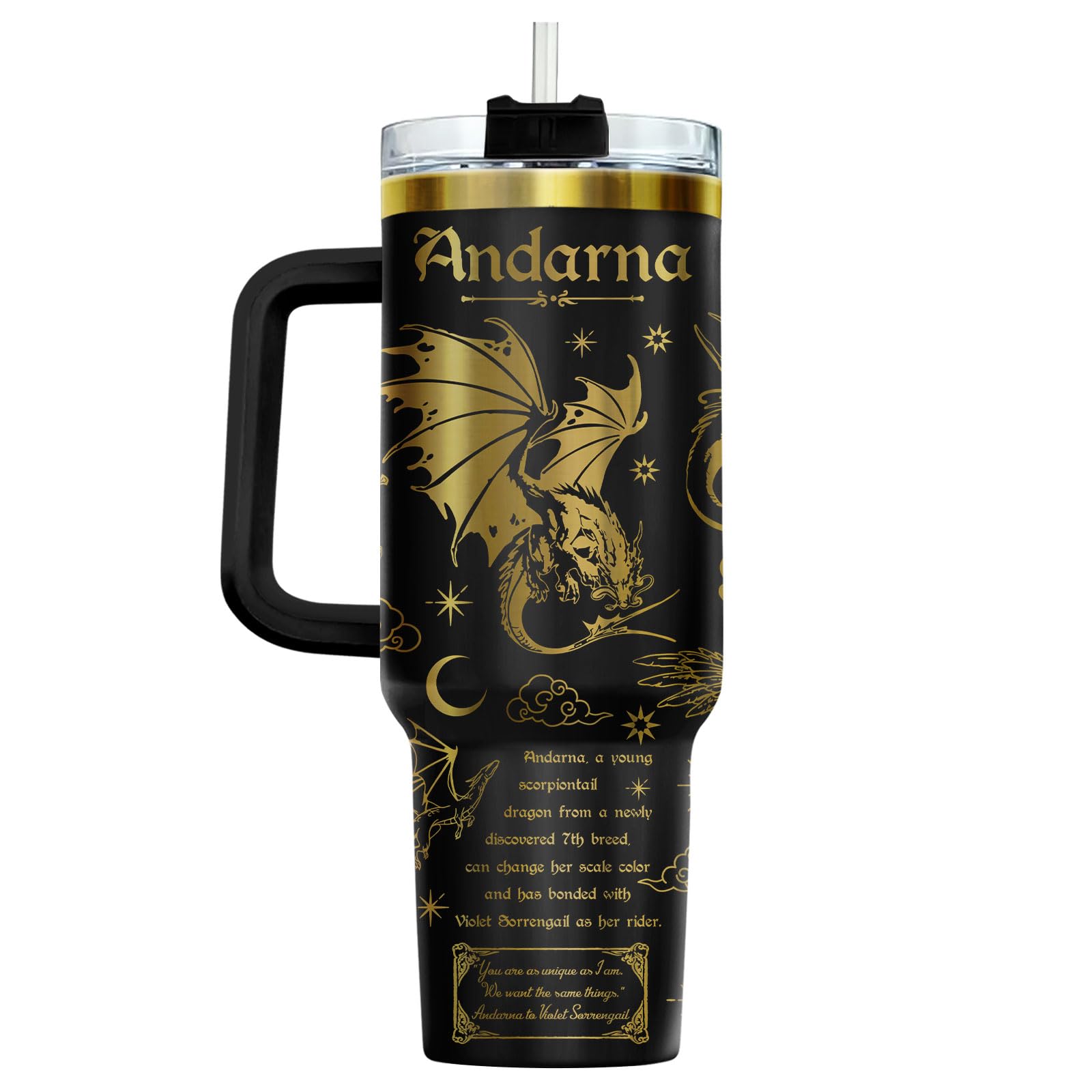 34HD Fantasie-Drachenbecher, 1213 ml, Edelstahlbecher mit Deckel und Strohhalm, flügelinspiriertes Geschenk für Fans und Fantasy-Leser