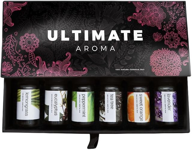 Ultimate Aroma Essential Oils, 100% Pure Therapeutic Grade Oils kit- Top 6 Aromatherapy Oils Gift Set - 6 10ML (Eucalyptus, Lavender, Lemon Grass, Orange, Peppermint, Tea Tree)