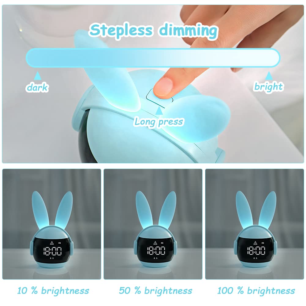 Vicloon Sveglia Bambini da Comodino, Sveglia Digitale per Bambini, Sveglia per Bambini con Funzione Snooze, Timer, 6 Suonerie, 4 Volumi, Luce Regolabile All'infinito, USB Ricaricare, Coniglio Blu