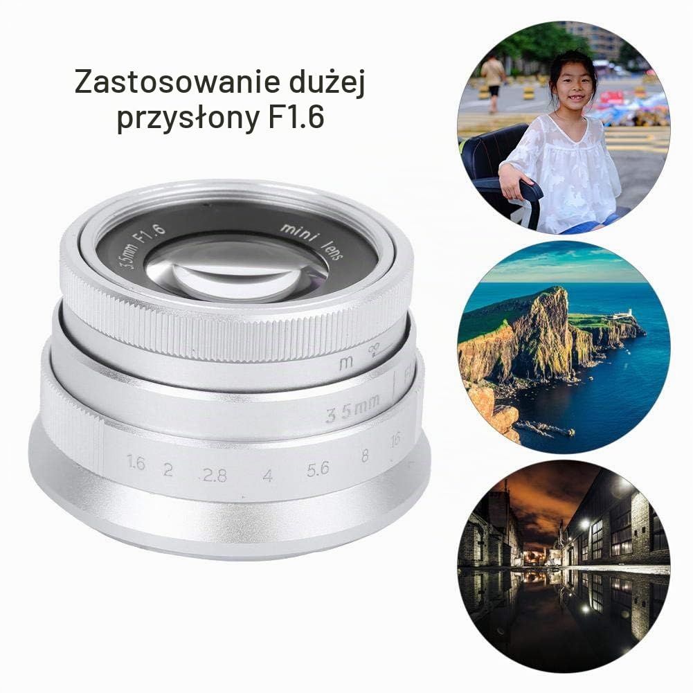 VBESTLIFE Soczewka aparatu, stop szkła optycznego 35 mm F1.6 vintage wygląd obiektyw duża przysłona ręczna stałoogniskowa humanistyczna sceneria obiektyw aparatu (do montażu M4/3 srebrny)