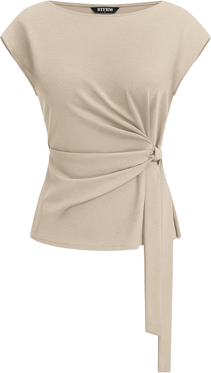 BTFBM Womens Tops Summer 2026 Cap Sleeve Crew Neck Tie Waist Blouses Dressy Casual Business Work Clothes Spring Fashion
