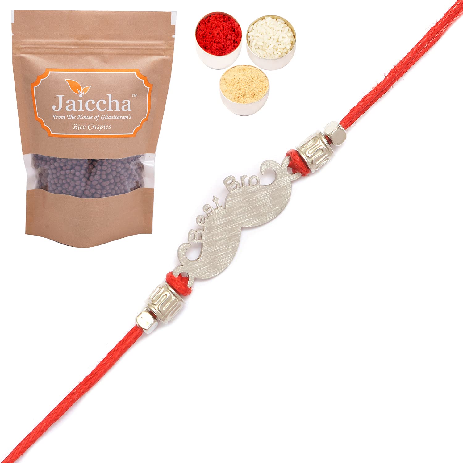 Ghasitaram Gifts Rakhis for Brother Kids Rakhi - MR-6 Metal Handsome Bro Rakhi with Chocolate Coated Rice Crispies 100 gms