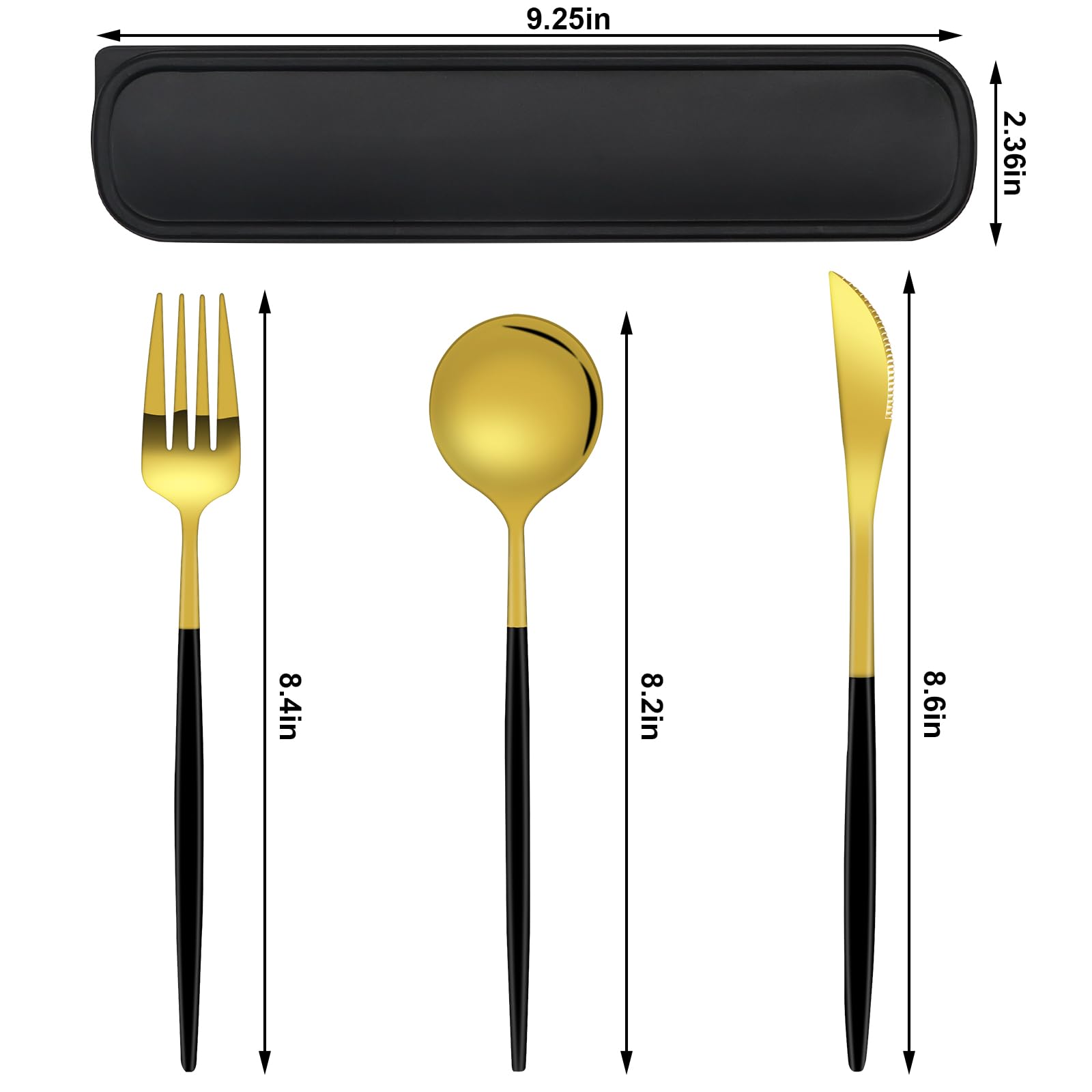 Travel Utensils with Case, 4 Piece Portable Stainless Steel Flatware Set, Reusable Travel Cutlery Set, Easy to Clean for Camping Picnic Hiking Office (Black Golden)
