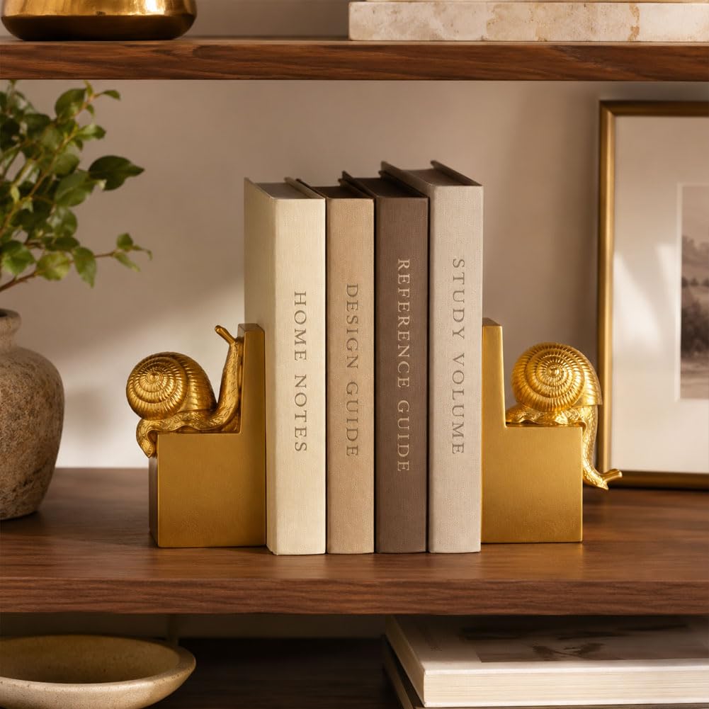 Set di 2 fermalibri decorativi a forma di lumaca dorata, fermalibri decorativi in resina pesante per mensole, supporti per libri antiscivolo, per libreria, scrivania, ufficio, biblioteca
