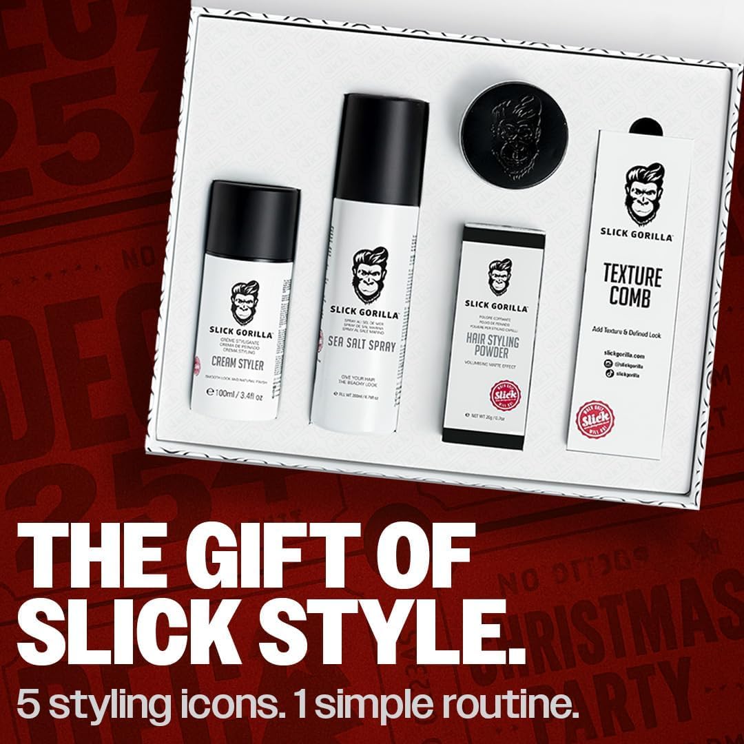 Slick Gorilla Set de Peinado Completo – Set de Regalo con Polvo, Lightwork, Crema Estilizadora, Spray de Sal Marina y Peine Texturizador para Cabello Liso,Ondulado o Rizado